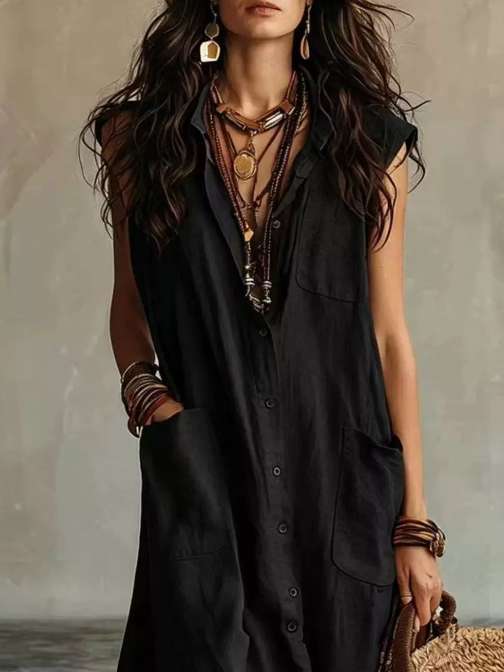 Sleeveless Button-Down Maxi Dress with Pockets