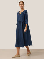 100% Linen Loose Fit Button Waist Gathered Midi Dress LUNA