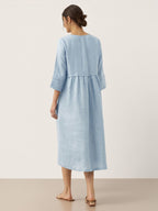 100% Linen Loose Fit Button Waist Gathered Midi Dress LUNA