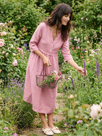 100% Linen Loose Fit Button Waist Gathered Midi Dress LUNA