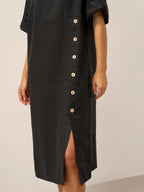 100% Linen Round Neck Button Detail Midi Dress JELENA