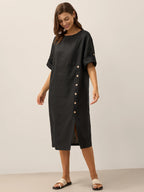 100% Linen Round Neck Button Detail Midi Dress JELENA