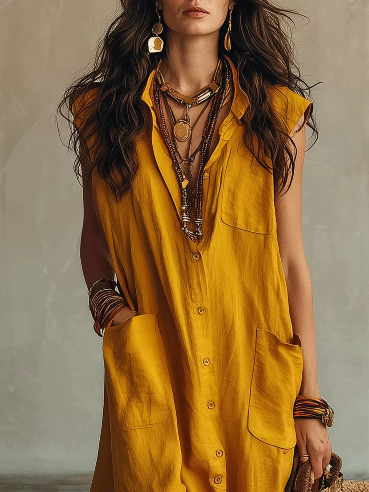 Sleeveless Button-Down Maxi Dress with Pockets