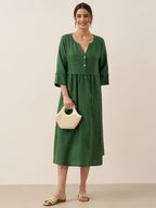 100% Linen Loose Fit Button Waist Gathered Midi Dress LUNA