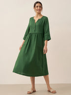 100% Linen Loose Fit Button Waist Gathered Midi Dress LUNA