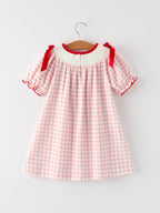 Pink Gingham Christmas Girls Dress: Santa Embroidery with Red Satin Ribbon