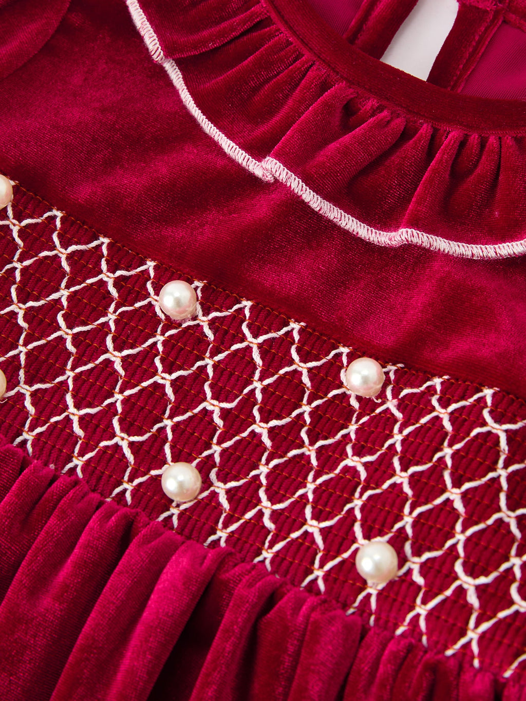Girls' Velvet Smocked Christmas Dress with Pearls