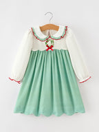 Girls Christmas Green Plaid Embroidered Long Sleeve Dress