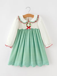 Girls Christmas Green Plaid Embroidered Long Sleeve Dress