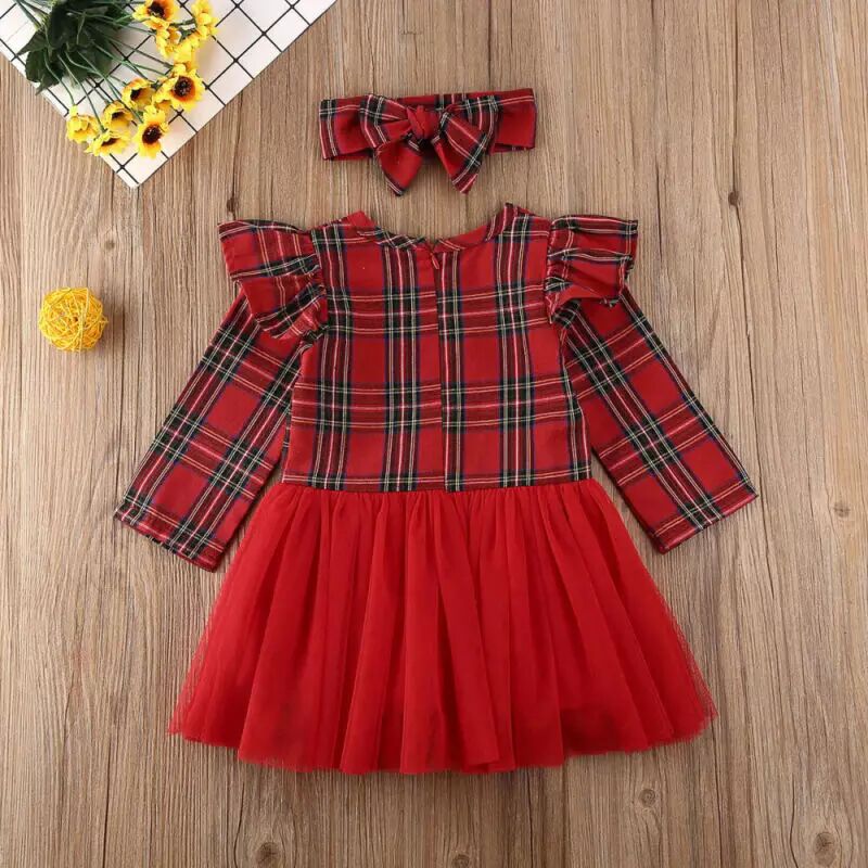 Girls' Christmas Striped Tulle Party Dress with Headband