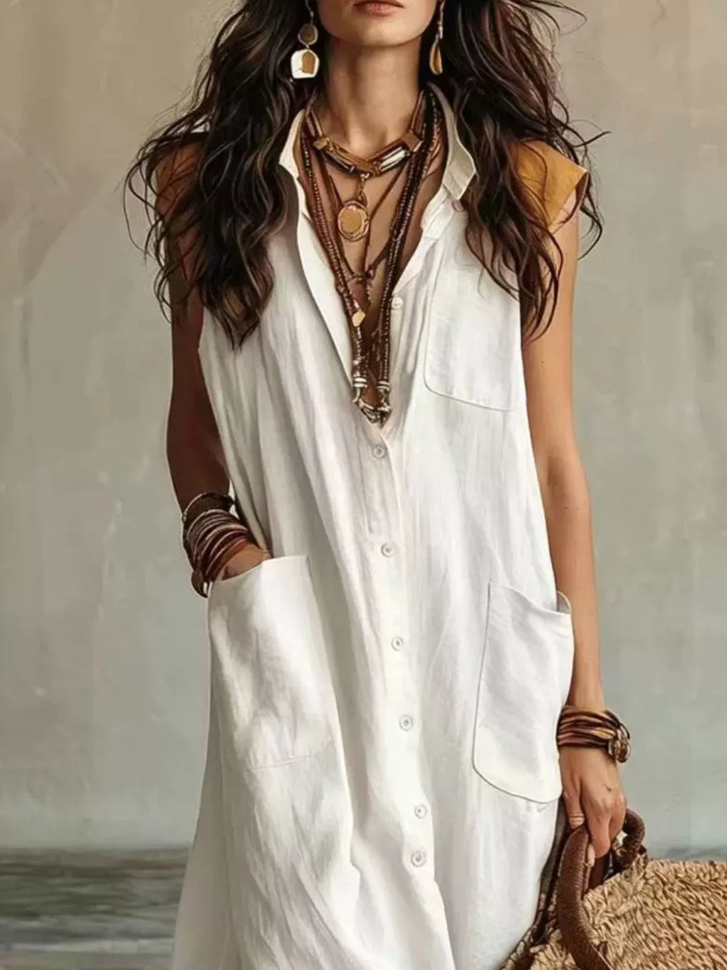 Sleeveless Button-Down Maxi Dress with Pockets