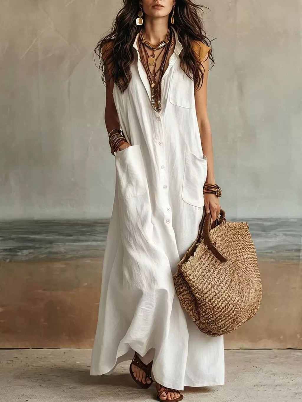 Sleeveless Button-Down Maxi Dress with Pockets