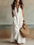 Sleeveless Button-Down Maxi Dress with Pockets