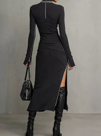 Mock Neck Long Sleeve Zipper Detail Maxi Dress