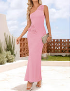 One-Shoulder Floral Ribbed Maxi Dress