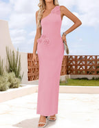 One-Shoulder Floral Ribbed Maxi Dress