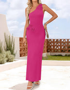 One-Shoulder Floral Ribbed Maxi Dress