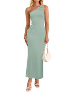 One-Shoulder Floral Ribbed Maxi Dress