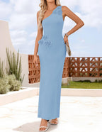 One-Shoulder Floral Ribbed Maxi Dress