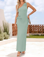 One-Shoulder Floral Ribbed Maxi Dress