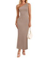 One-Shoulder Floral Ribbed Maxi Dress