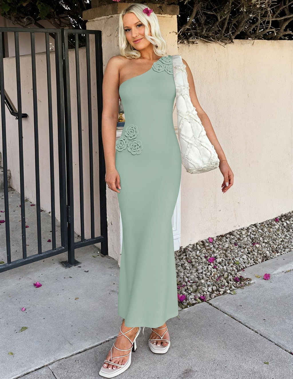 One-Shoulder Floral Ribbed Maxi Dress