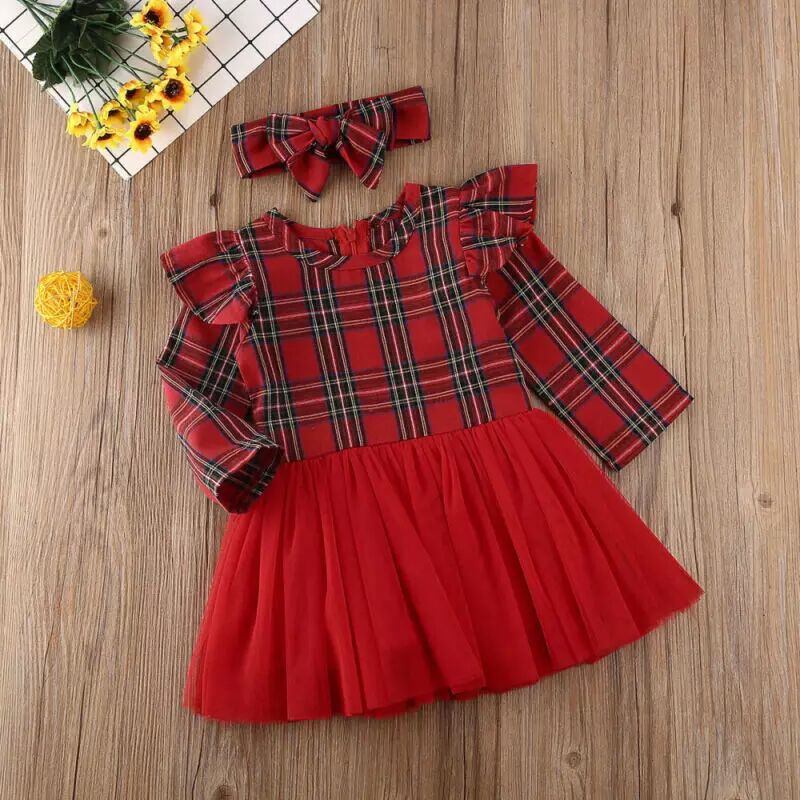 Girls' Christmas Striped Tulle Party Dress with Headband