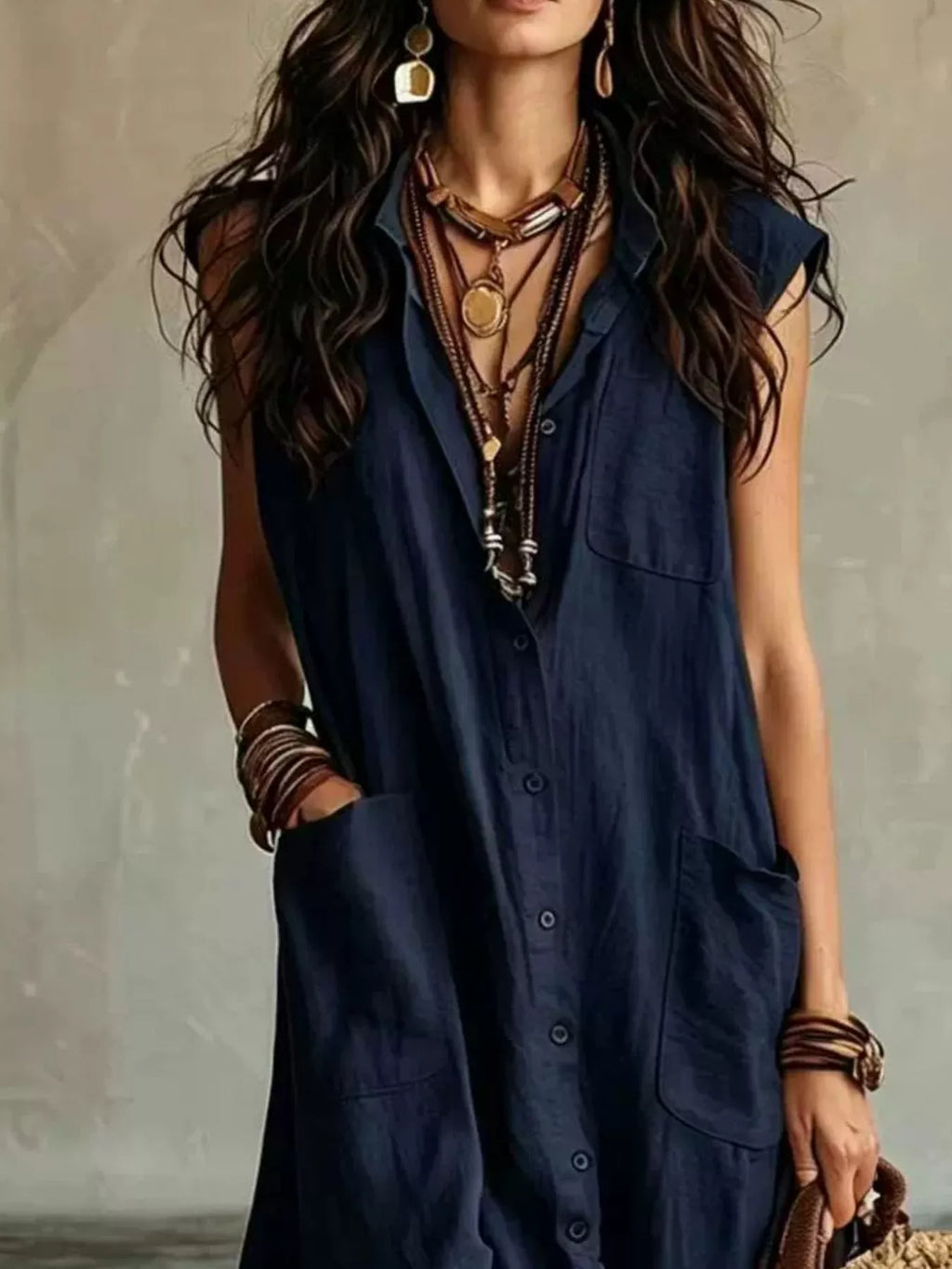 Sleeveless Button-Down Maxi Dress with Pockets