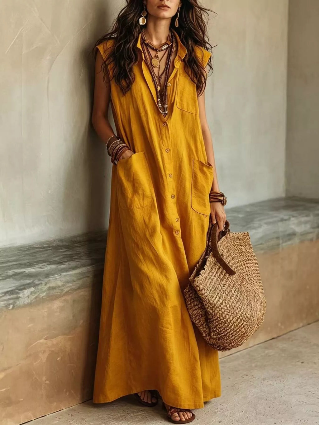 Sleeveless Button-Down Maxi Dress with Pockets