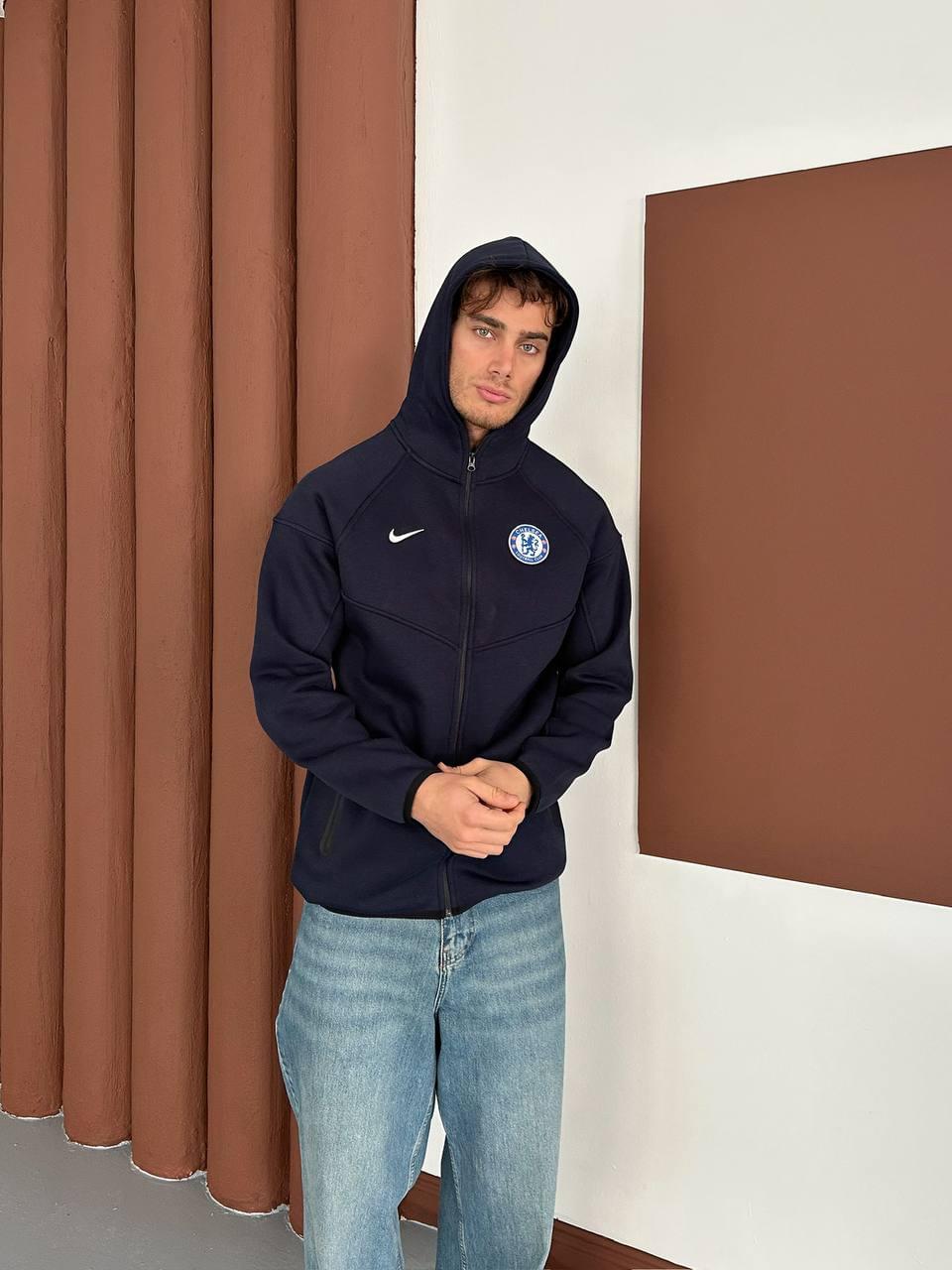 Chelsea FC Tech Style Hoodie, Modern Full-Zip Soccer Sweatshirt