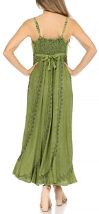 Sakkas Allie Stonewashed Embroidered Adjustable Spaghetti Straps Long Dress