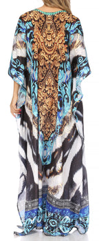 Sakkas Georgettina Flowy Rhinestone V Neck Long Caftan Dress/Cover Up