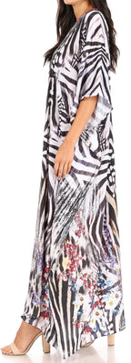 Sakkas Georgettina Flowy Rhinestone V Neck Long Caftan Dress/Cover Up