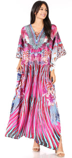 Sakkas Georgettina Flowy Rhinestone V Neck Long Caftan Dress/Cover Up