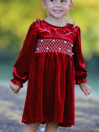 Girls' Velvet Smocked Christmas Dress with Pearls