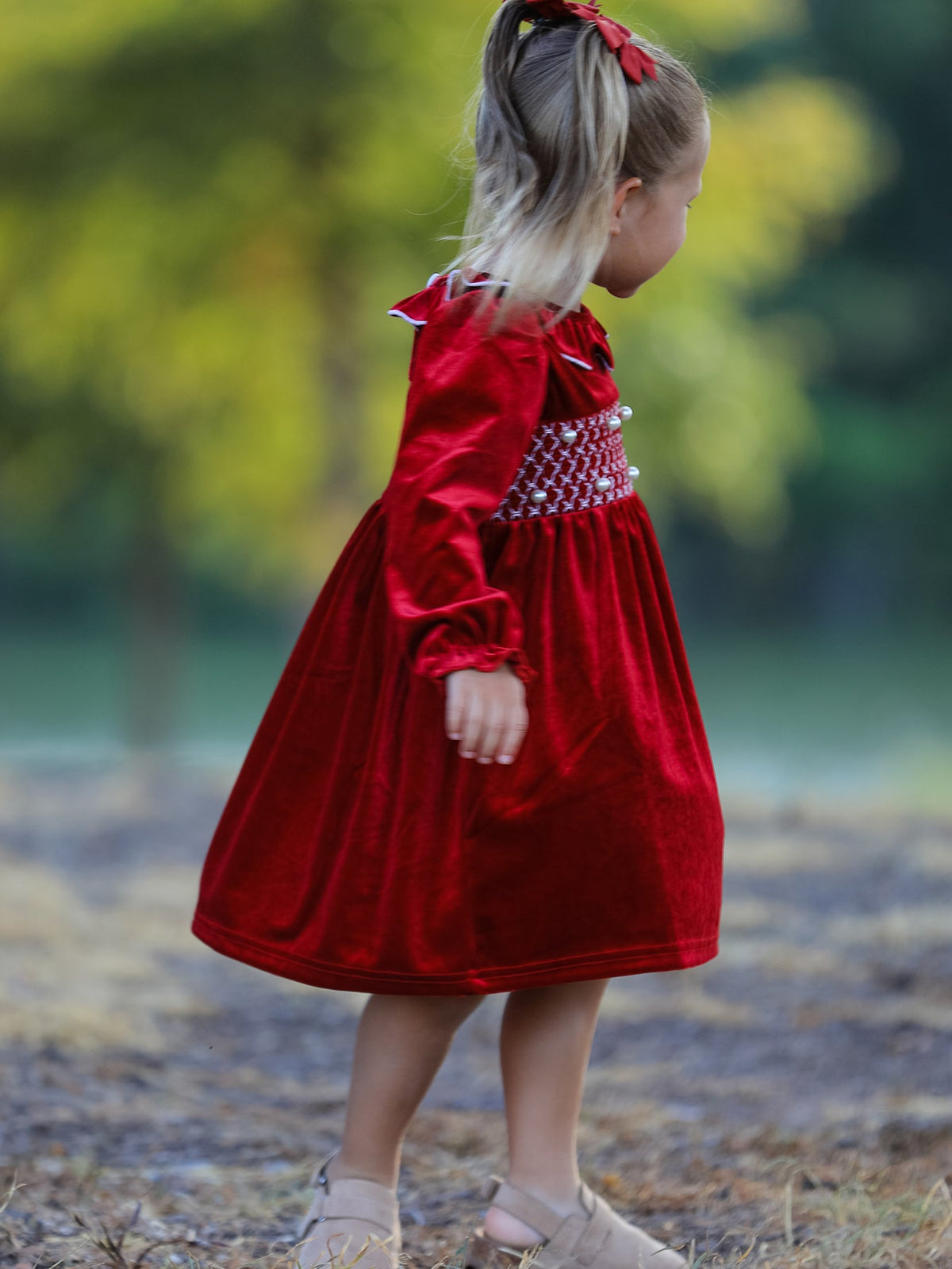 Girls' Velvet Smocked Christmas Dress with Pearls