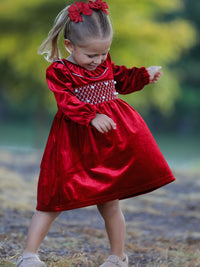 Girls' Velvet Smocked Christmas Dress with Pearls