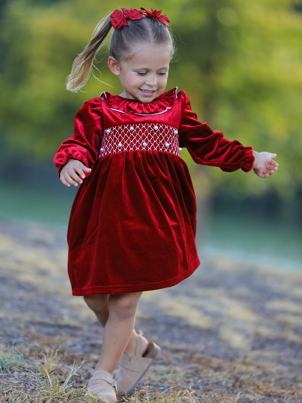 Girls' Velvet Smocked Christmas Dress with Pearls