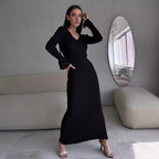 Ribbed Knit V-Neck Long Sleeve Maxi Dress