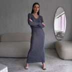 Ribbed Knit V-Neck Long Sleeve Maxi Dress