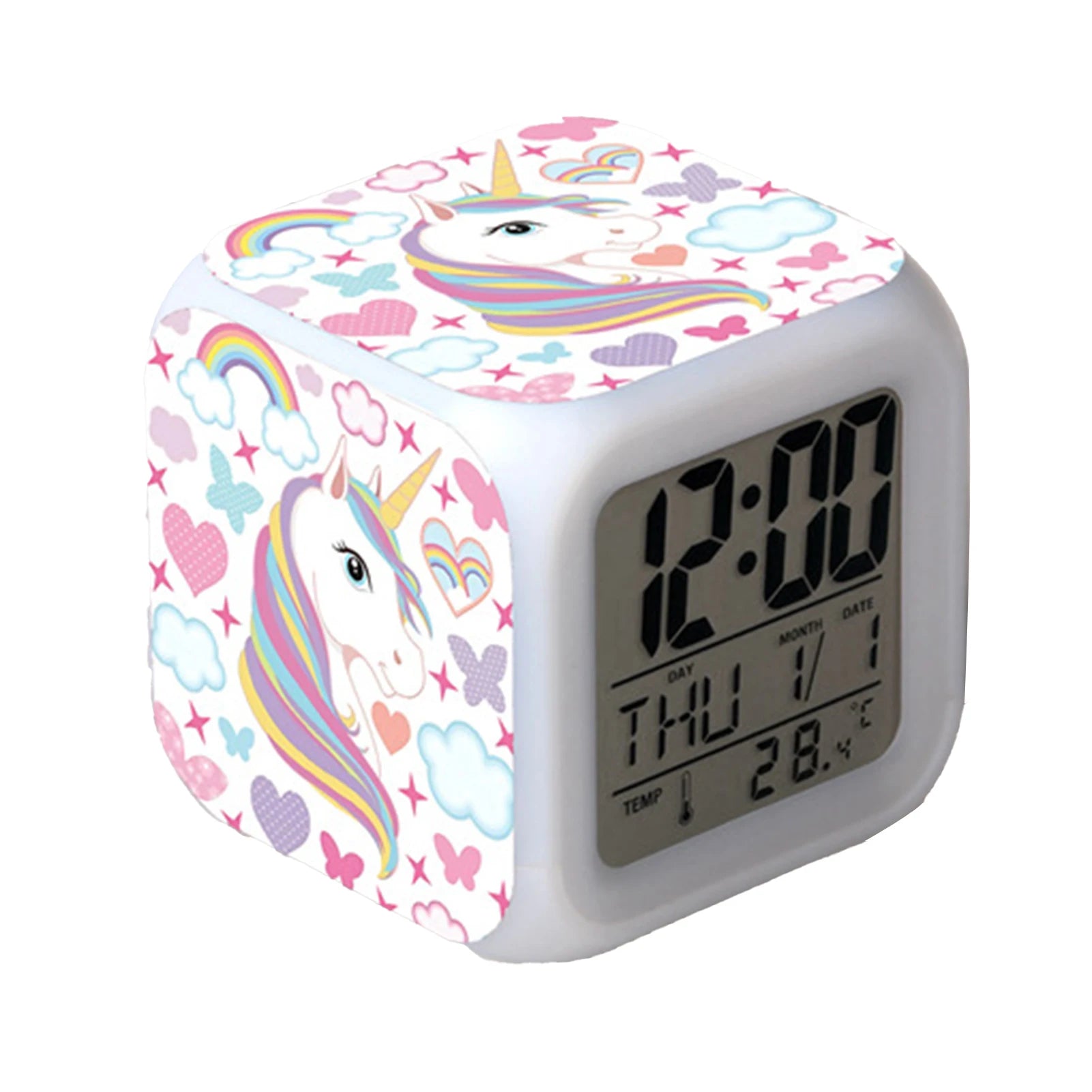 Kids Alarm Clock 7 in 1 LED Night Light with Wake Up Function Display Time Date Temperature USB Powered Color Changing Lamp