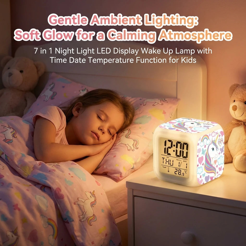Kids Alarm Clock 7 in 1 LED Night Light with Wake Up Function Display Time Date Temperature USB Powered Color Changing Lamp