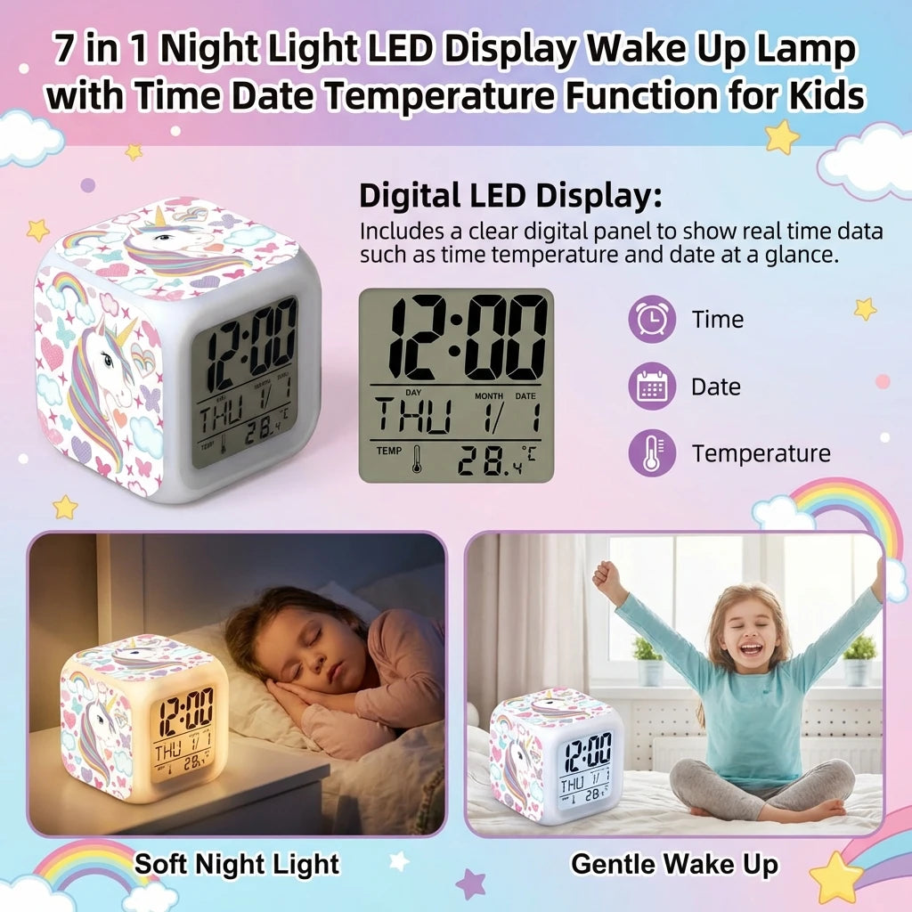 Kids Alarm Clock 7 in 1 LED Night Light with Wake Up Function Display Time Date Temperature USB Powered Color Changing Lamp