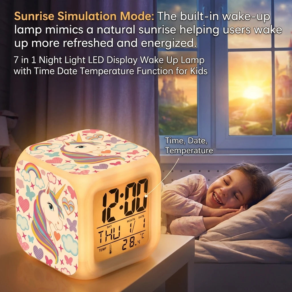 Kids Alarm Clock 7 in 1 LED Night Light with Wake Up Function Display Time Date Temperature USB Powered Color Changing Lamp