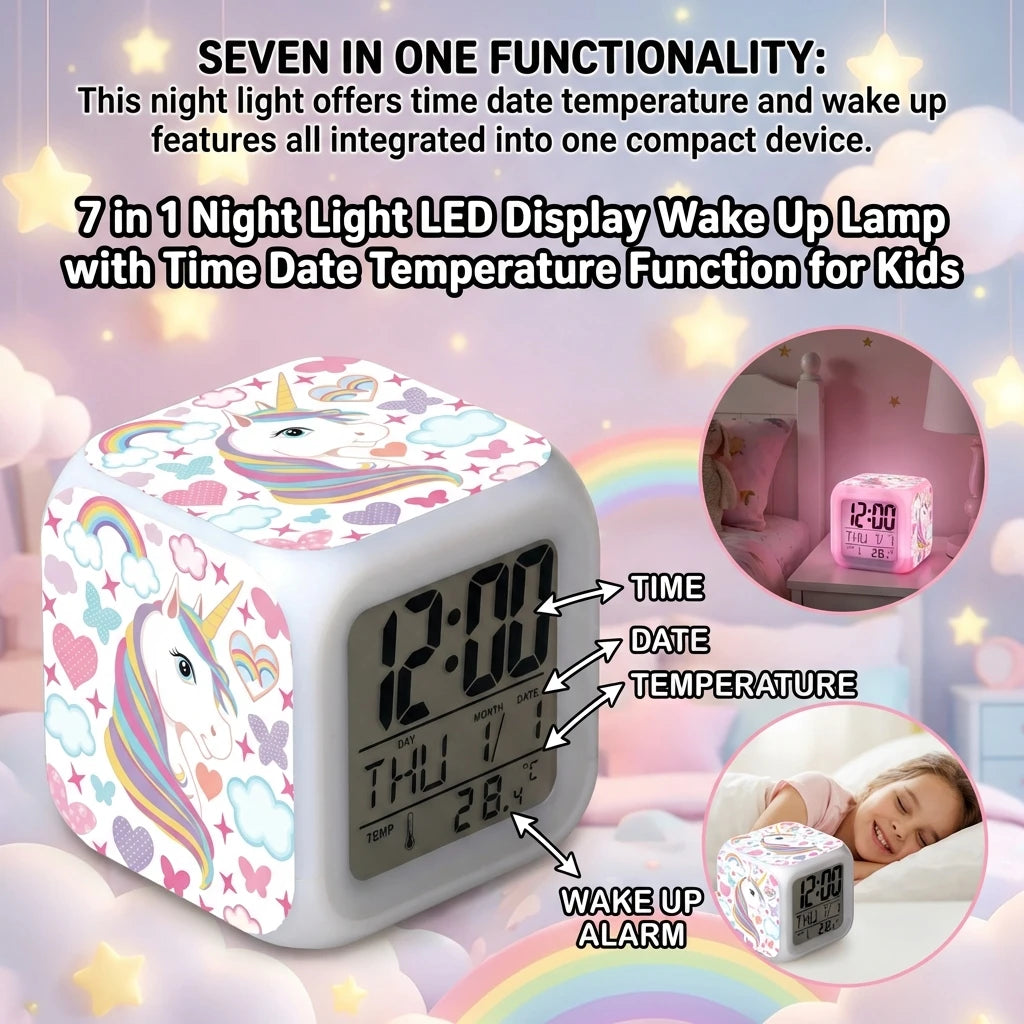Kids Alarm Clock 7 in 1 LED Night Light with Wake Up Function Display Time Date Temperature USB Powered Color Changing Lamp