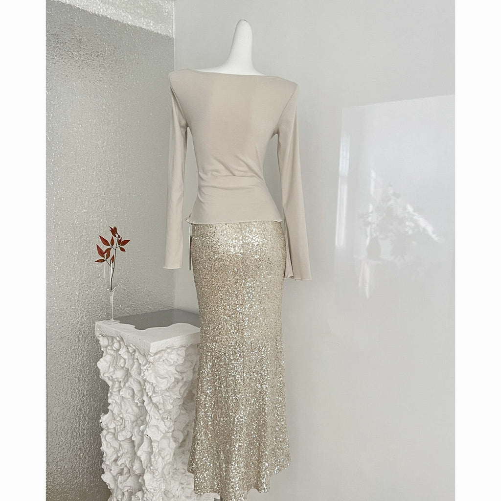 Champagne Sequin Two-Piece Evening Gown