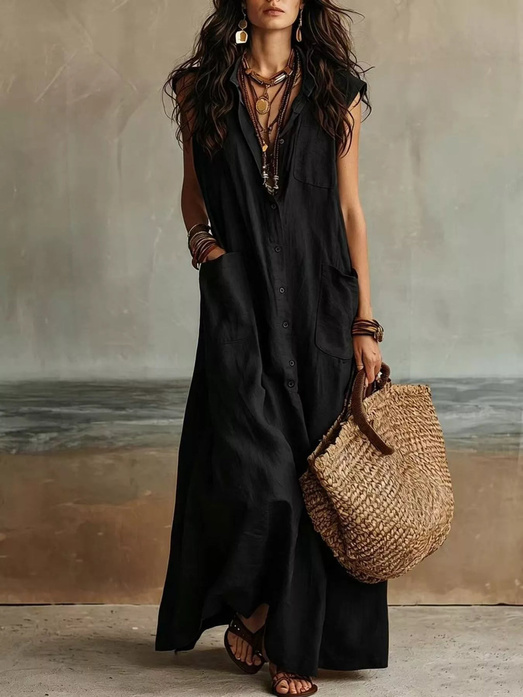 Sleeveless Button-Down Maxi Dress with Pockets
