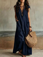 Sleeveless Button-Down Maxi Dress with Pockets