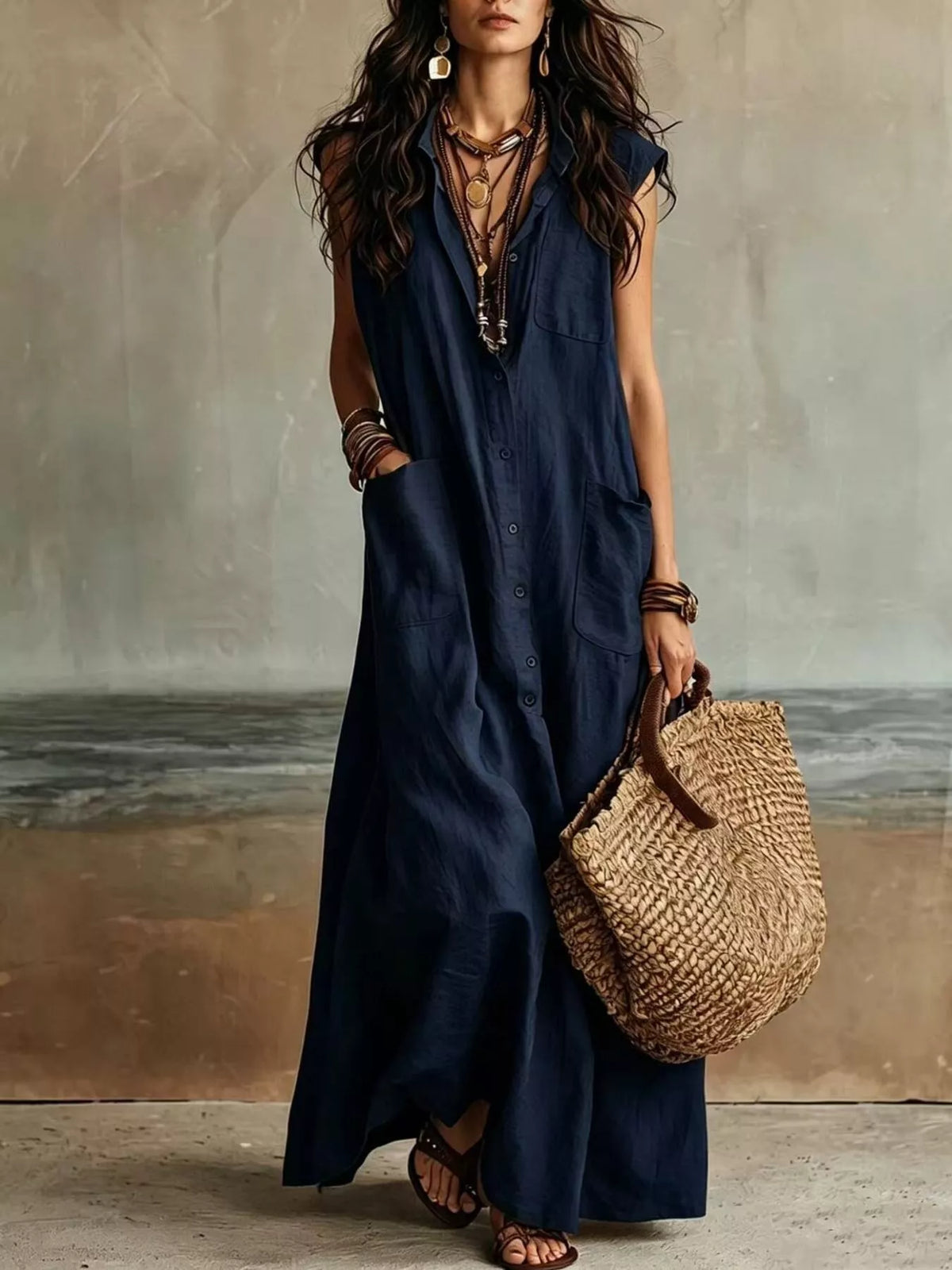 Sleeveless Button-Down Maxi Dress with Pockets