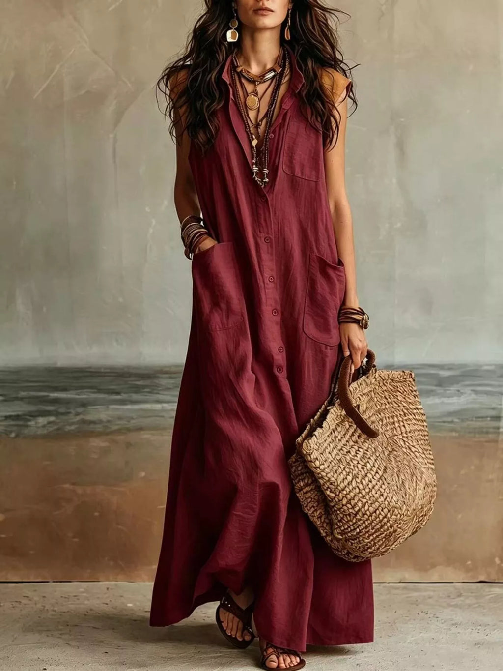 Sleeveless Button-Down Maxi Dress with Pockets